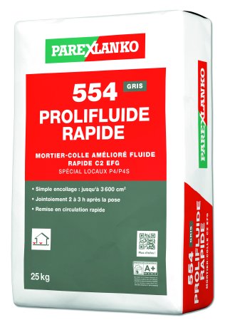 Mortier colle carrelage amélioré fluide spécial sol à grand trafic C2 FG U4 P4S 554 PROLIFLUIDE RAPIDE gris sac de 25kg